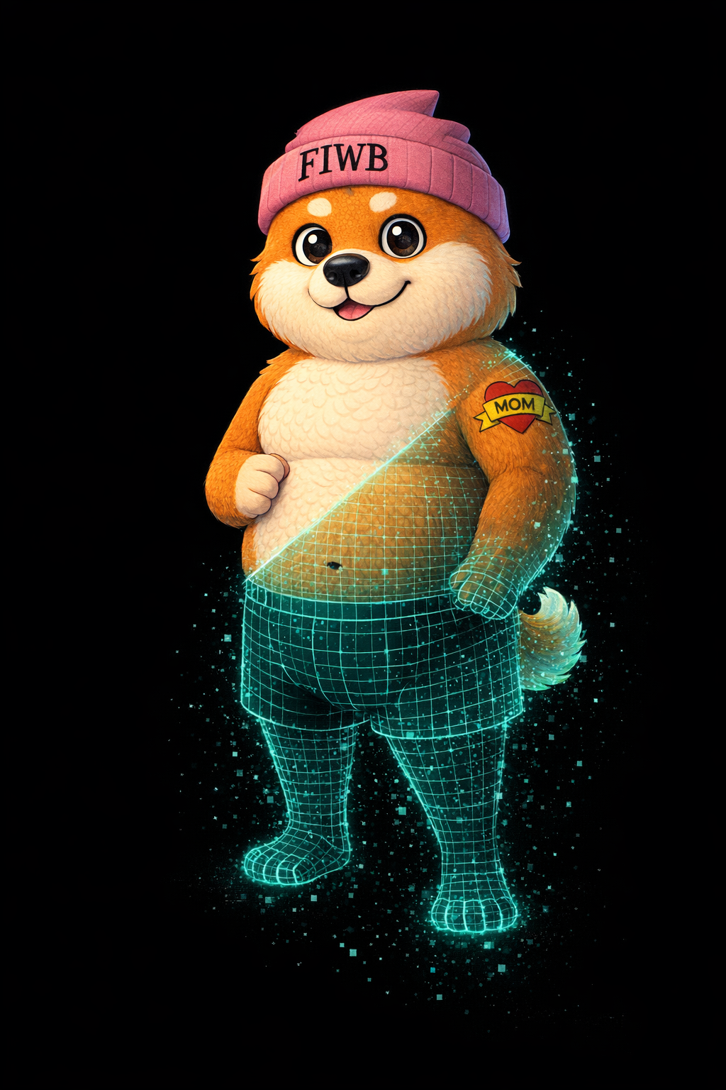 FIWB materializing from wireframe — solid character above, cyan grid dissolving below